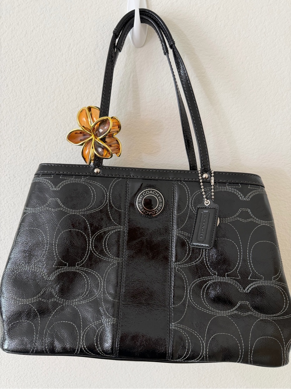 Coach Black Signature Patent Leather Tote